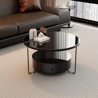 Table basse noire moderne avec rangement, table basse ronde en verre, table basse minimaliste