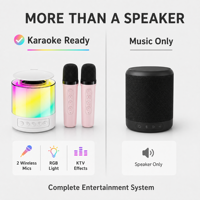 Enceinte KTV portable d'extérieur avec deux microphones, éclairage LED RGB violet alimenté par batterie