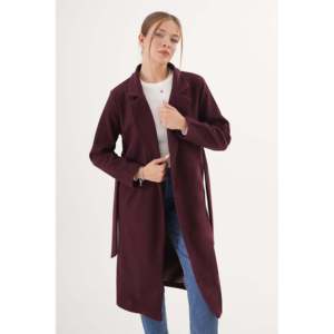 Abrigo de lana para mujer color borgoña, manga larga con cinturón, abrigo cálido para invierno - Product Image 6