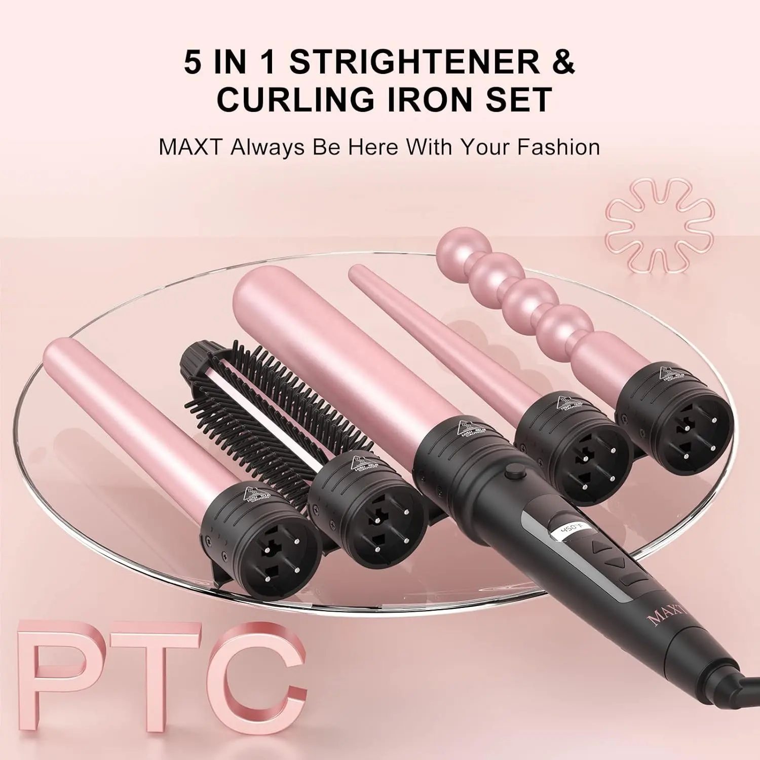 5 in 1 Hair Curling Iron Set Curling Wand Set with Hair Straightener Brush  Instant Heat Up Hair Curler with LCD Display