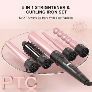 5 In 1 Hair Curling Iron Set Curling Wand Set With Hair Straightener Brush Instant Heat Up Hair Curler With LCD Display