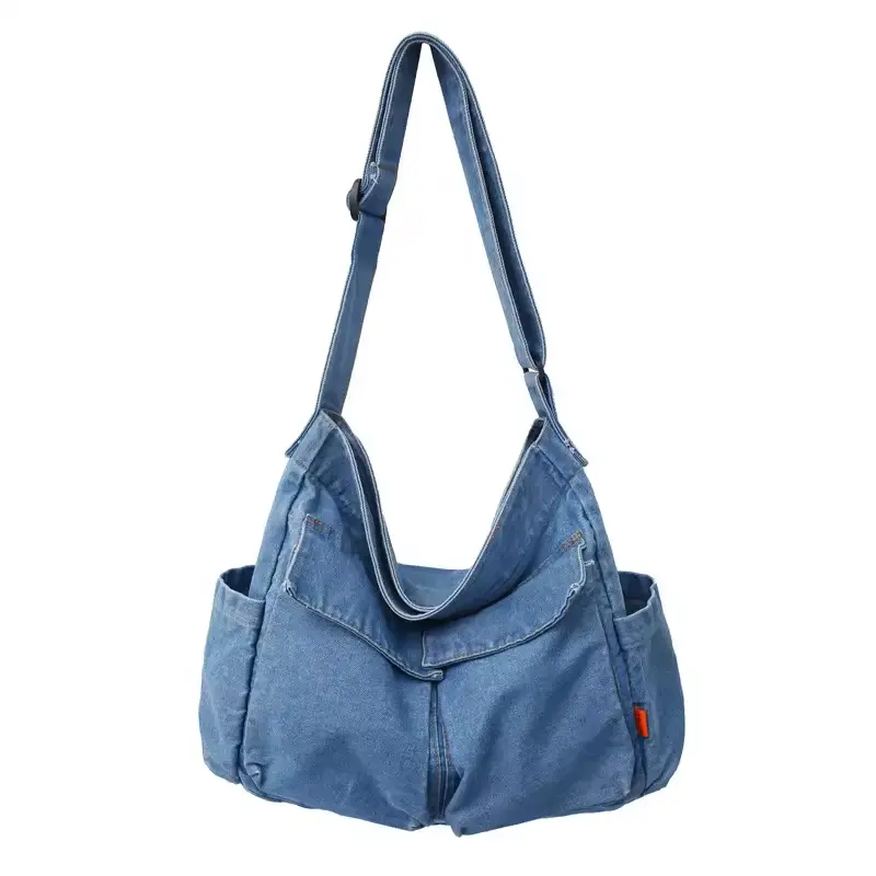Vente en gros de sacs en jean à la mode à logo personnalisé écologique recyclé sac en tissu d'épicerie sac fourre-tout en jean avec long sac à bandoulière pour shopping
