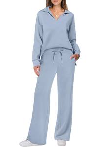 Jersey de manga larga con media cremallera y logotipo personalizado, conjunto de <span class=keywords><strong>2</strong></span> piezas para mujer, conjunto de pantalones de pierna ancha de gran tamaño para mujer - Product Image 3