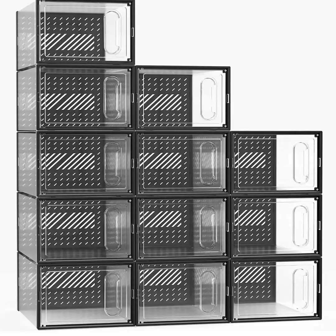 صندوق أحذية بلاستيكي قابل للطي منظم للنساء نموذج غرفة معيشة منزلية أسود كبير مغطى صندوق أحذية مغناطيسي