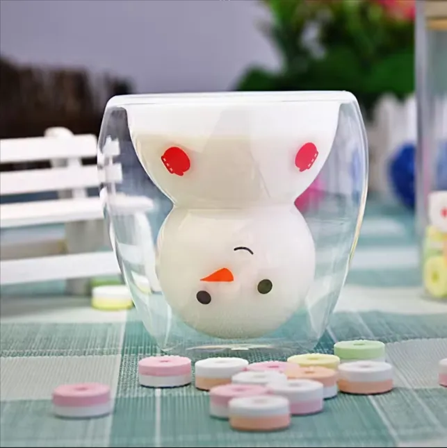 Caneca de café boneco de neve fofo 150ml 250ml xícara de gelo de parede dupla xícara de café expresso de vidro de parede dupla