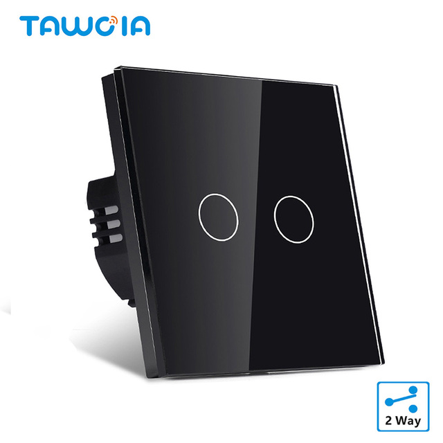 4.0mm Crystal Glass Panel Two-Way Control Touch Wall Switch 2 Gang Black Capacitive EU Standard Intermediate Light Switch