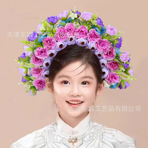 Dongchen Crafts <b>Silk</b> Flower <b>Headband</b> Pink Green Ethnic Style Hair Accessory For Photo Performance Prop - Product Image 2
