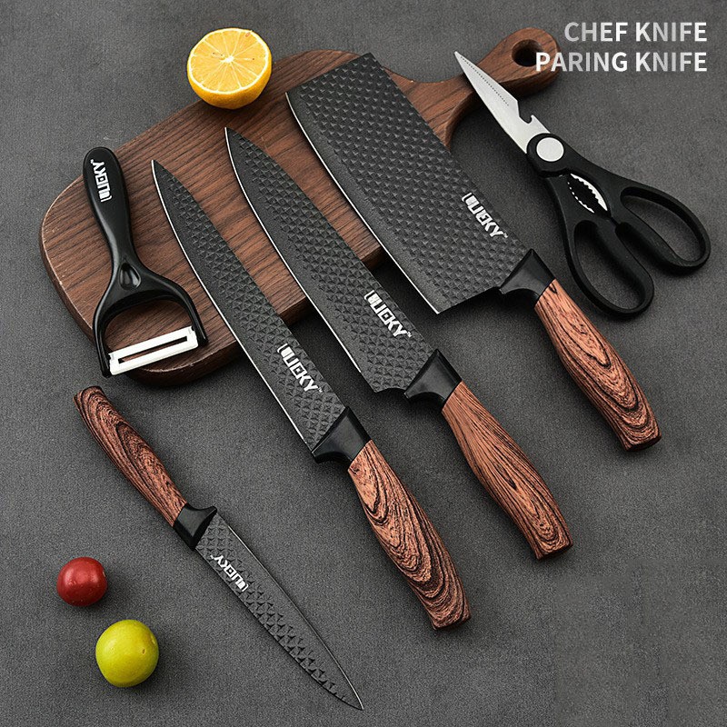 Hoogwaardige Keukenmessen Kookaccessoires Houtnerf Rubber Handvat Chef Keuken Messenblok Sets Vleesmessenset