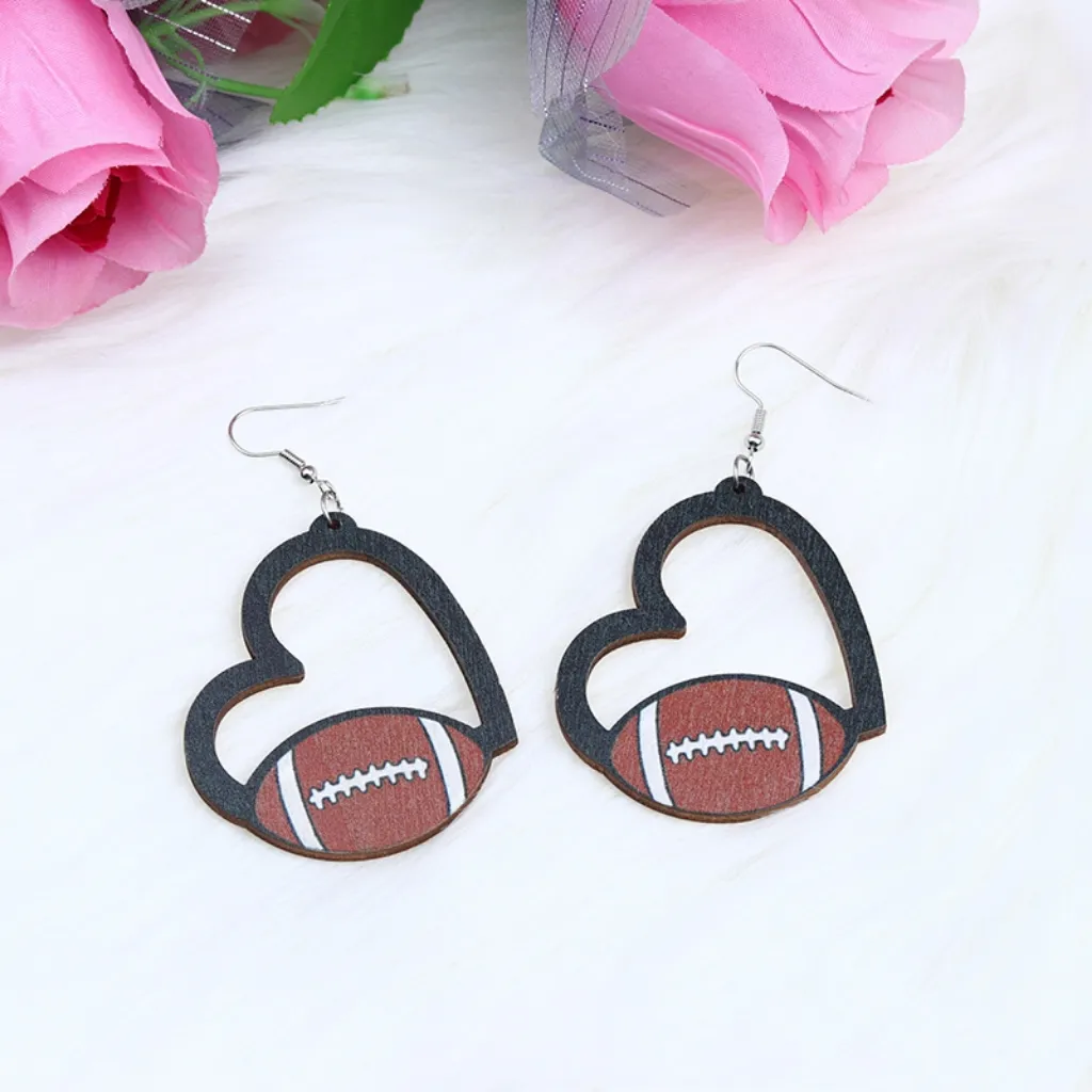 Hanpai New Design Valentine's Day Creative Boll Style Football Earrings Wooden Earrings Heart Earrings