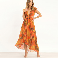 Nouvelle Robe Longue Bohème Chic en Mousseline Imprimée Florale Tissée pour Femme, Col en V, Sans Manches, Taille Découpée, Idéale pour l'Été et les Fêtes sur la Plage – Collection 2026