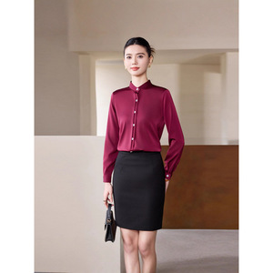 Women's Burgundy Stand Up Collar Shirt Long Sleeve Formal Work Wear Professional Interview Top - Product Image 3
