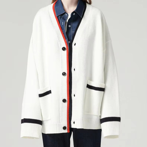 Più venduto <span class=keywords><strong>nero</strong></span> personalizzato rifinitura <span class=keywords><strong>oversize</strong></span> maglione cappotto Preppy stile maglione colore bianco <span class=keywords><strong>Cardigan</strong></span> per le donne - Product Image 1