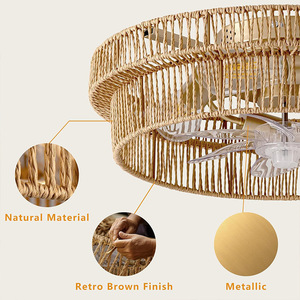 Rustic Woven <b>Ceiling</b> Fan <b>Light</b> With 3 Blades Ac Motor <b>Remote</b> <b>Control</b> Flush Mount Led Lighting For Living Room Bedroom - Product Image 4