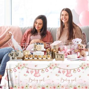 Pink Floral Baby Girl <b>Tablecloth</b> <b>Rectangle</b> Disposable Party Decor for Gender Reveal Birthday Celebration - Product Image 2