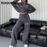 RUIQUWIN Set Pakaian Olahraga Wanita Terbaru Kerah Tegak Resleting Lengan Panjang Celana Lurus Bergaris Kasual Pakaian Aktif Musim Gugur