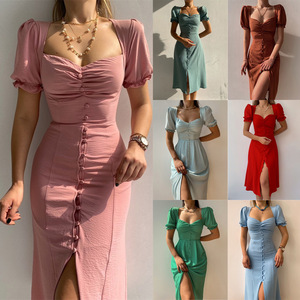 Primavera y verano nuevos vestidos de longitud media para mujer con cuello en V de un solo pecho Sehe Fashion - Product Image 3