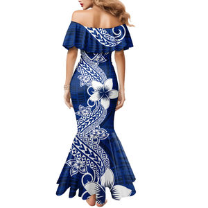 <span class=keywords><strong>Hafa</strong></span> Adai Guam Vestido de sirena Polinesio Floral Azul Patrón fuera del hombro Vestido de noche - Product Image 3