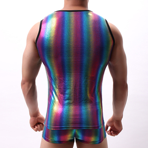 Body con estampado de rayas multicolor para hombre, ropa interior deportiva masculina de imitación de cuero para gimnasio y fitness - Product Image 2