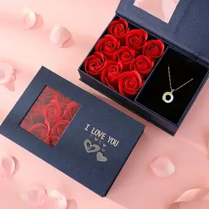 Ever Bright Wholesale Preserved Rose Flower Gifts Box Jewelry Ring Necklace 9 Immortal Roses Box Valentine's Day Gift 2024