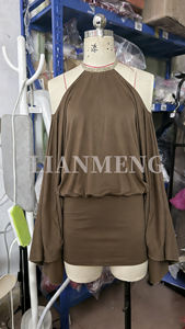 LM R802 Set 2 Pezzi con Kimono con Paillettes a Farfalla e Mini Abito Halter Senza Schienale Marrone, Outfit da Festa e Club per Donna, Best Seller - Product Image 2