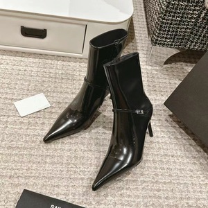 2026 Haute Couture Trendy Super High Heel Pointed Ankle <b>Boots</b> Black Metal Buckle Sexy Thin Heel Side <b>Zip</b> Ladies <b>Boots</b> Wholesale - Product Image 3