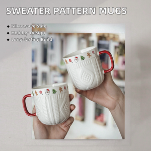 แก้วเซรามิคลายเสื้อคริสต์มาสทันสมัย คู่แก้วกาแฟ ดีไซน์นูน ของขวัญสุดเพอร์เฟกต์สำหรับแฟนสาว - Product Image 2