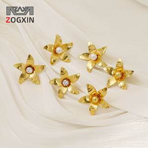 ZOGXIN Gold Flower <b>Stud</b> <b>Earrings</b> With Pearl And Zircon For Women Everyday Wear - Product Image 1