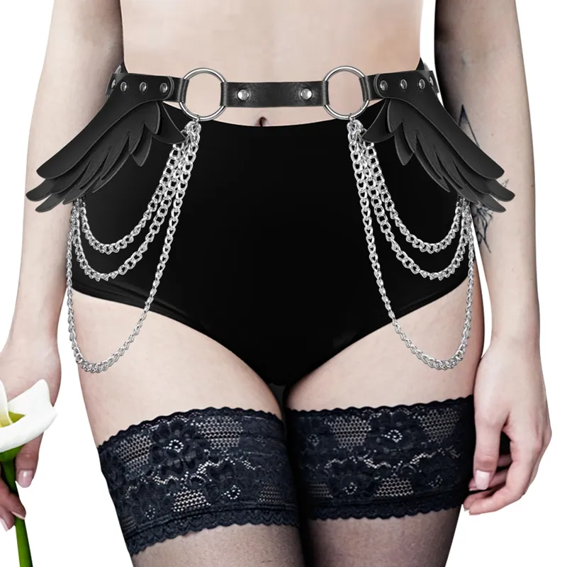 Women Rave Wear Festival Dance Club Rave High Stocking with Angle Wings Cage Bra Sexy Fetish Punk Body Bondage Lingerie Belt