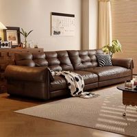 Sofa Kulit Asli Lurus Bergaya Retro Modern Mewah Ringan Amerika Minimalis Italia untuk Ruang Tamu