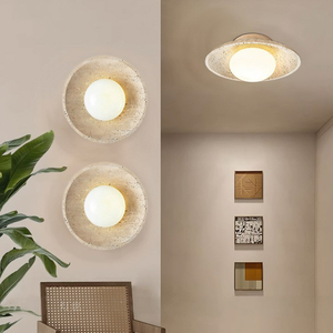 Moderne Wabi-Sabi LED-Wandleuchten für das Schlafzimmer mit Stein-Mond-Schirm, Neue Runde Uhr-Wandlampe aus gelbem Travertin - Product Image 5