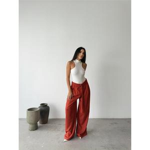 Pantalon palazzo à jambes larges, taille haute, en tissu crêpe, infroissable, couleur terre cuite, pour femmes - Product Image 2