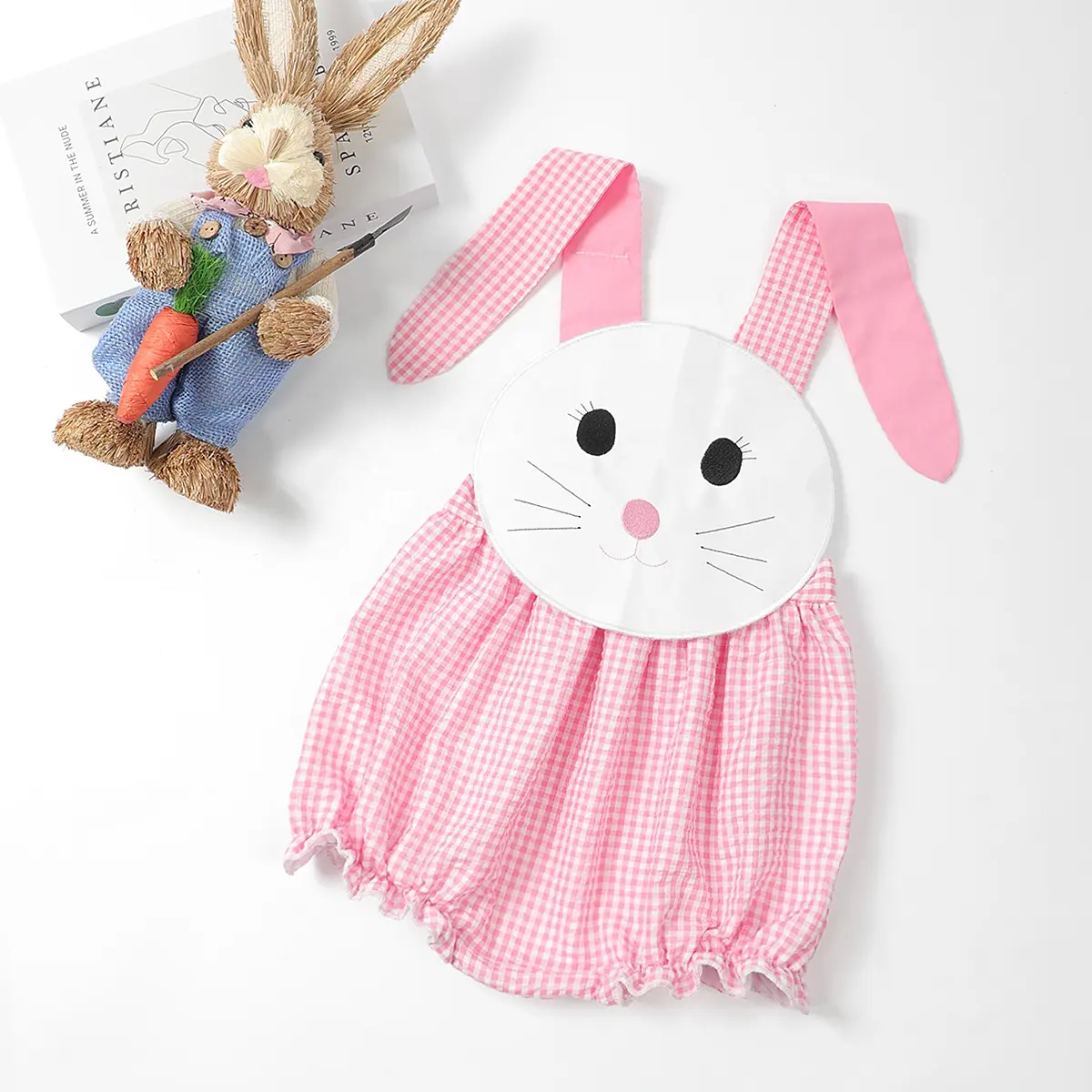 Adorable baby girls bunny applique pink gingham outfit toddler Easter wear clothes infant girl matching seersucker bubble romper