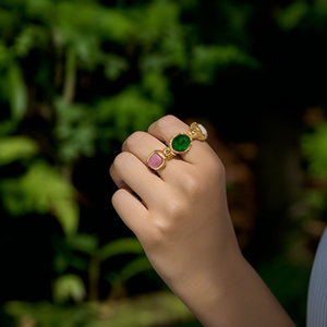 Fashion <b>Ring</b> 316L Stainless Steel PVD <b>Gold</b> Plating Green Stone Pink White Accents Sustainable Resistant Design - Product Image 3