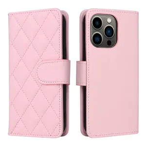 Luxury Diamond Shape Pattern PU Leather Case Magnetic Closure Stand Function Card Wallet Case For iPhone 15 Pro Max