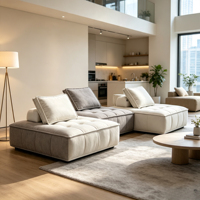 Tofu-Cube Stoffsofa-Set im Skandinavischen Stil Modulares Ecksofa mit Cordbezug Armloses Design Robuste Beine für Kleine Wohnräume