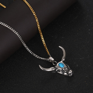 <b>Titanium</b> Steel Yak Head Pendant With Turquoise Inlay Bull Horn Charm For Men SP903 - Product Image 2