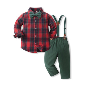 Tenue de cérémonie pour bébé garçon Noël 1er anniversaire <span class=keywords><strong>Chemise</strong></span> à carreaux Pantalon à bretelles Nœud papillon Ensemble - Product Image 3