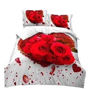 Uk Griekenland 5D Bloem Ontwerp Luxe Dekbed Set Bruiloft Super King Size Red Rose 3D Beddengoed