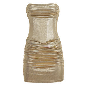 Glossy Knit Strapless Backless Pencil Dress-Sexy <b>Ruffled</b> Tube <b>Top</b> Mini Skirt in Solid Color Breathable Party Wear - Product Image 5