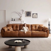 Canapé Cloud en cuir véritable huilé et ciré de qualité supérieure, style rétro mi-moderne minimaliste, avec dossier réglable et capitonné en éponge, pour salon