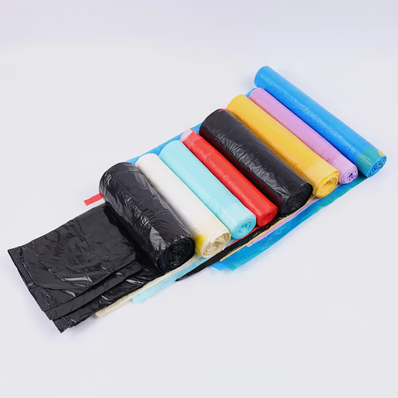 カスタム環境にやさしい黒白色生分解性巾着プラスチックゴミ袋リサイクルゴミ袋ロールにテープを描く