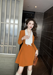 Mini abito Casual <span class=keywords><strong>arancione</strong></span> a tinta unita da donna con colletto rovesciato abito corto da cerimonia arricciato - Product Image 5