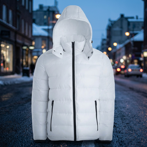 <b>White</b> <b>Men's</b> Hooded Puffer Jacket Winter Zip Up Casual Outerwear Windproof Polyester Wadding <b>Coat</b> - Product Image 3