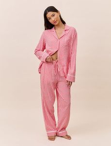 Op maat gemaakte moeder-dochter pyjamaset, rode gingham, spandex katoen, lange mouwen, knoopsluiting, familie slaapkleertjes - Product Image 2