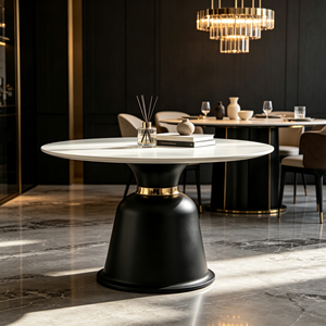 Table à manger ronde de luxe en pierre frittée, plateau blanc, base en forme de cloche noire avec bordure dorée, pour la maison, la salle à manger, l'hôtel, le restaurant - Product Image 5