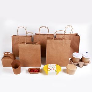 KM Custom logo Printed Disposable Kraft Food Take Away Paper Carrier Bags with Handles - Product Image 3