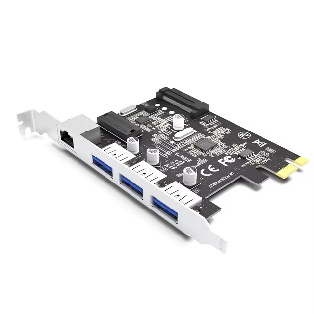 PCI-E USB3.0 Expansion Card 3 High-Speed USB3.0 Ports Gigabit Network 4Pin Power Supply Supports PCI-E 1x/PCI-E 4X for Wired