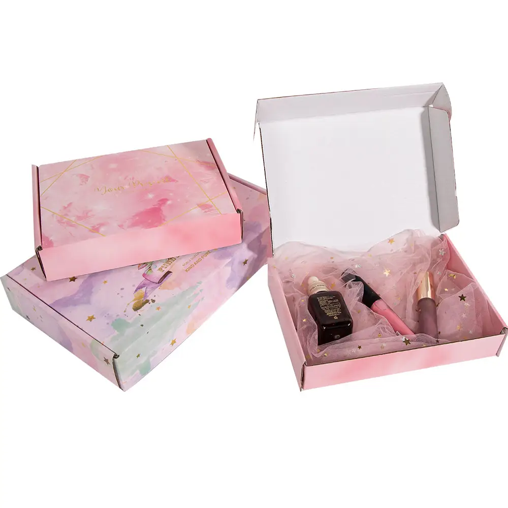 공장 가격 사용자 정의 로고 100% 종이 크래프트 핑크 색 화장품 골판지 포장 우편물 상자 배송 상자 종이 상자