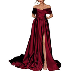 Gaun Prom Satin Wanita Model Off-Shoulder, Panjang, Belahan Tinggi, A-line, Gaun Pesta Formal Malam Hari Dengan Kantong - Product Image 3