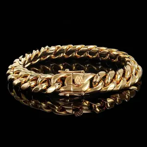 mens hiphop jewelry women 18k gold pvd plated 316l surgical titanium non tarnish stainless steel miami cuban link chain bracelet
